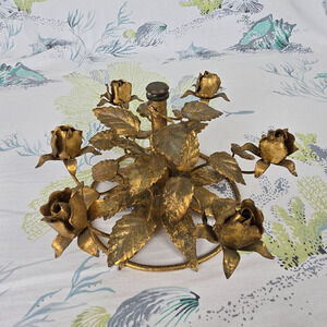 Hollywood Regency Tole Gilt Florentine Gold Roses Centerpiece Compote Italy